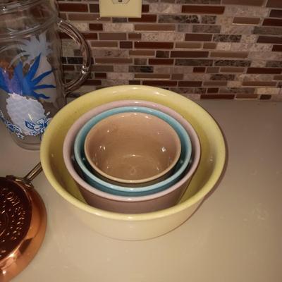 CLAY NESTING BOWLS, GLASS FLAMINGO SALAD BOWL, SMALL COPPER SKILLET AND MORE