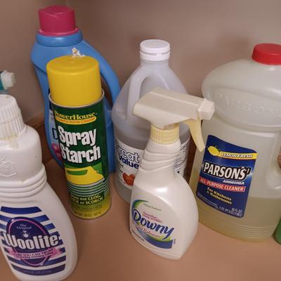 CLEANING SUPPLIES AND A LAUNDRY BASKET