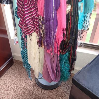 DRESS SCARVES, STORAGE OTTOMAN, FEW PURSES AND A DECORATIVE DRESS FORM