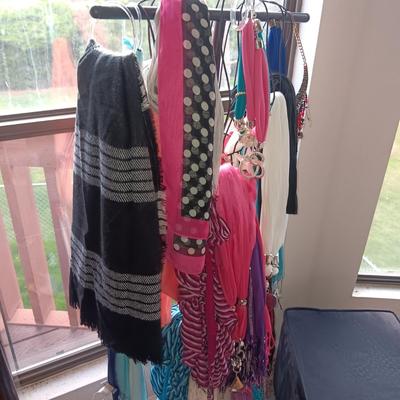 DRESS SCARVES, STORAGE OTTOMAN, FEW PURSES AND A DECORATIVE DRESS FORM