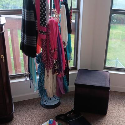 DRESS SCARVES, STORAGE OTTOMAN, FEW PURSES AND A DECORATIVE DRESS FORM