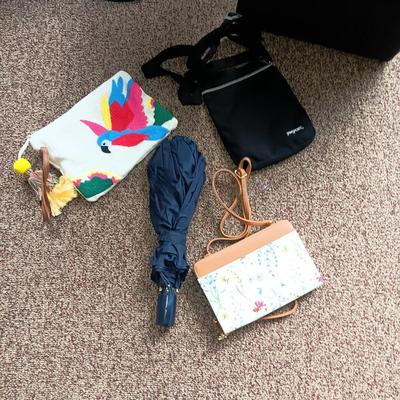 DRESS SCARVES, STORAGE OTTOMAN, FEW PURSES AND A DECORATIVE DRESS FORM
