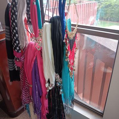 DRESS SCARVES, STORAGE OTTOMAN, FEW PURSES AND A DECORATIVE DRESS FORM