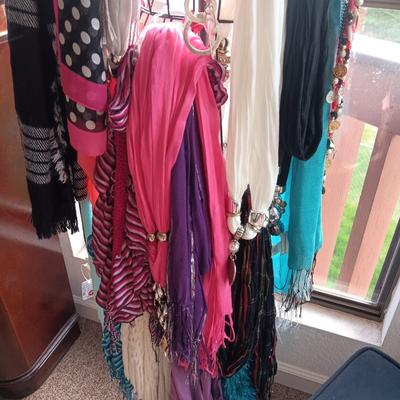 DRESS SCARVES, STORAGE OTTOMAN, FEW PURSES AND A DECORATIVE DRESS FORM