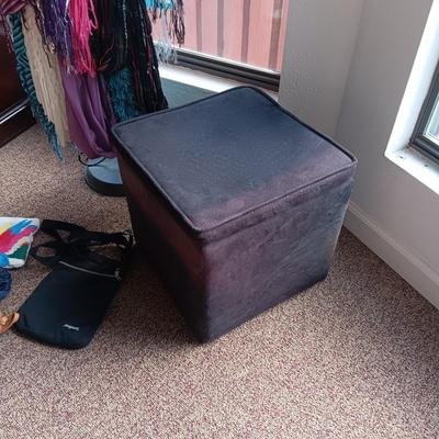 DRESS SCARVES, STORAGE OTTOMAN, FEW PURSES AND A DECORATIVE DRESS FORM