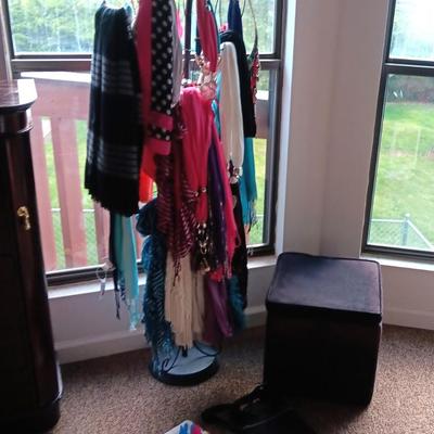 DRESS SCARVES, STORAGE OTTOMAN, FEW PURSES AND A DECORATIVE DRESS FORM