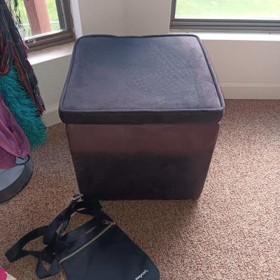 DRESS SCARVES, STORAGE OTTOMAN, FEW PURSES AND A DECORATIVE DRESS FORM