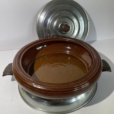 Antique Brown Betty Vintage Round Bowl Oven Proof 10.5" Diameter w/Stand & Cover as Pictured.