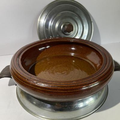 Antique Brown Betty Vintage Round Bowl Oven Proof 10.5" Diameter w/Stand & Cover as Pictured.