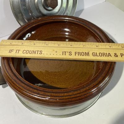 Antique Brown Betty Vintage Round Bowl Oven Proof 10.5" Diameter w/Stand & Cover as Pictured.