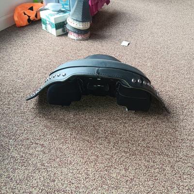 HARLEY DAVIDSON LEATHER SEAT, LARGE VEGA HELMET AND MEDIUM HELMET