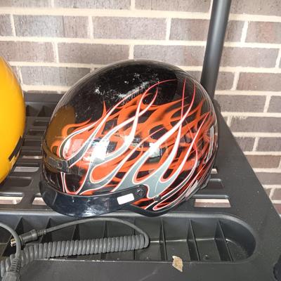 HARLEY DAVIDSON LEATHER SEAT, LARGE VEGA HELMET AND MEDIUM HELMET