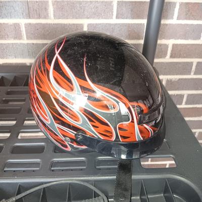 HARLEY DAVIDSON LEATHER SEAT, LARGE VEGA HELMET AND MEDIUM HELMET