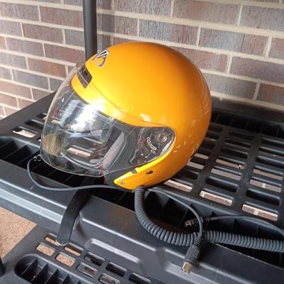 HARLEY DAVIDSON LEATHER SEAT, LARGE VEGA HELMET AND MEDIUM HELMET