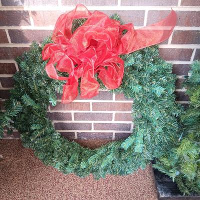 2 WREATHS, LIGHTED FAUX LANTERN AND 2 NEW LIGHTSTRING TREES