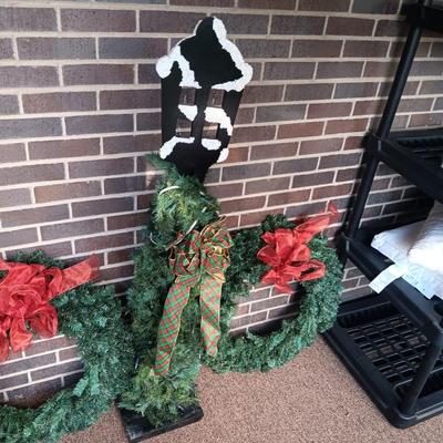 2 WREATHS, LIGHTED FAUX LANTERN AND 2 NEW LIGHTSTRING TREES