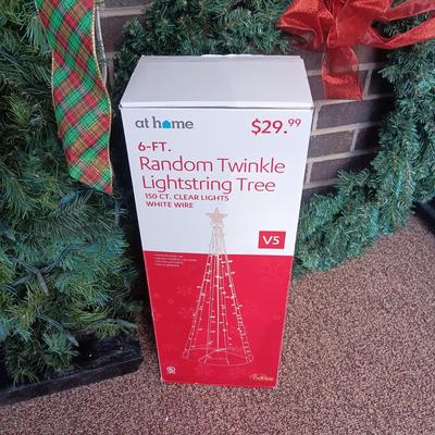 2 WREATHS, LIGHTED FAUX LANTERN AND 2 NEW LIGHTSTRING TREES