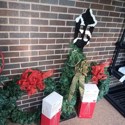 2 WREATHS, LIGHTED FAUX LANTERN AND 2 NEW LIGHTSTRING TREES