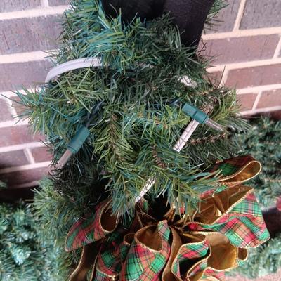 2 WREATHS, LIGHTED FAUX LANTERN AND 2 NEW LIGHTSTRING TREES