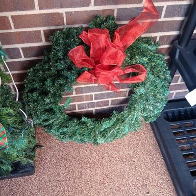 2 WREATHS, LIGHTED FAUX LANTERN AND 2 NEW LIGHTSTRING TREES
