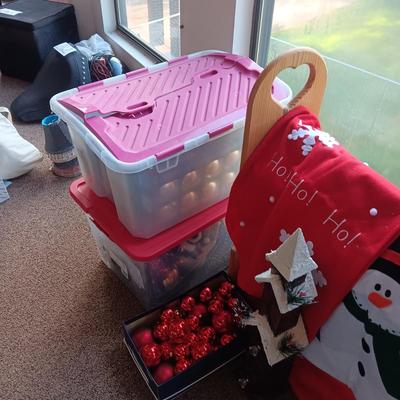 CHRISTMAS DECORATIONS, 2 TOTES AND AN AFGHAN HOLDER
