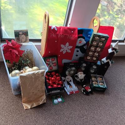 CHRISTMAS DECORATIONS, 2 TOTES AND AN AFGHAN HOLDER