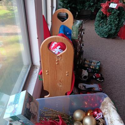 CHRISTMAS DECORATIONS, 2 TOTES AND AN AFGHAN HOLDER