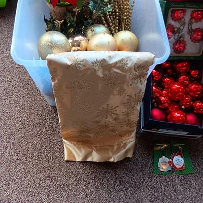 CHRISTMAS DECORATIONS, 2 TOTES AND AN AFGHAN HOLDER