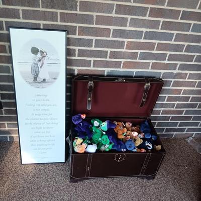 LEATHER LIKE TRUNK FILLED WITH BEANIE BABIES AND A FRAMED QUOTE