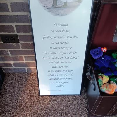LEATHER LIKE TRUNK FILLED WITH BEANIE BABIES AND A FRAMED QUOTE