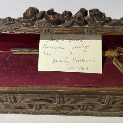 Antique Heirloom Carved Wood Jewelry Trinket Box 11.25" Long x 4.25" Wide as Pictured.