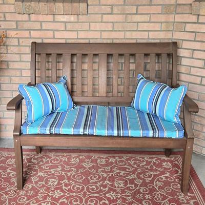 Outdoor Bench with Blue Stripe Cushions