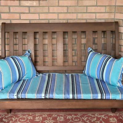 Outdoor Bench with Blue Stripe Cushions
