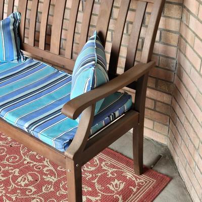 Outdoor Bench with Blue Stripe Cushions