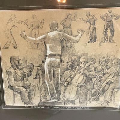 LOUIS H. VERNON (Artist) Charcoal/Drawing of Conductor & Orchestra 23" x 26" in Good Preowned Condition.