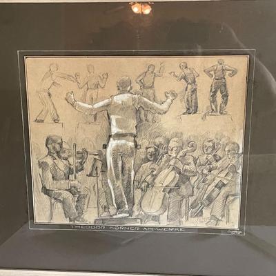 LOUIS H. VERNON (Artist) Charcoal/Drawing of Conductor & Orchestra 23" x 26" in Good Preowned Condition.
