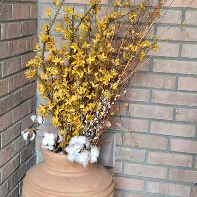Large Ceramic Vase with Cotton & Faux Flowers