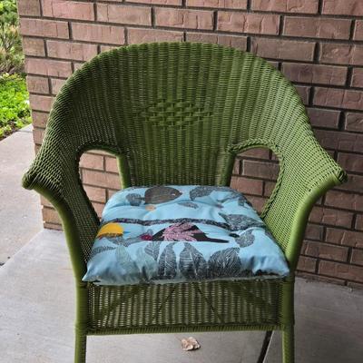 Green Wicker Style Chair with MulticoloredBird Cushion