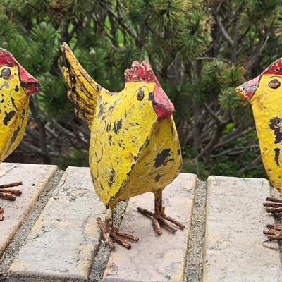 (3) Metal Folk Art Chickens