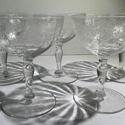 Lot of 5 Antique Cut/Etched Early Stemware Glasses in VG Preowned Condition.