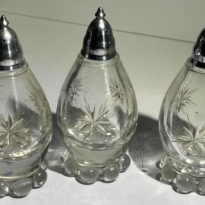 Lot of 3 Antique Cut/Etched Imperial Footed Salt or Pepper Shakers in Good Preowned Condition.