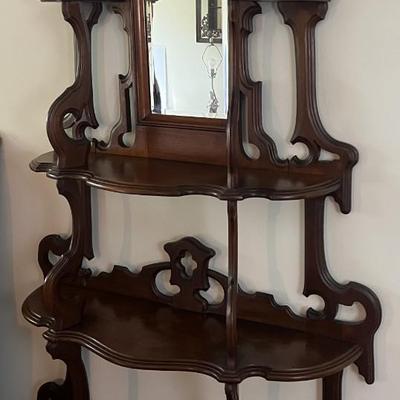 Antique Beveled Glass Mirror Wooden Wall Unit 74" Tall x 48" Base in VG Preowned Condition.