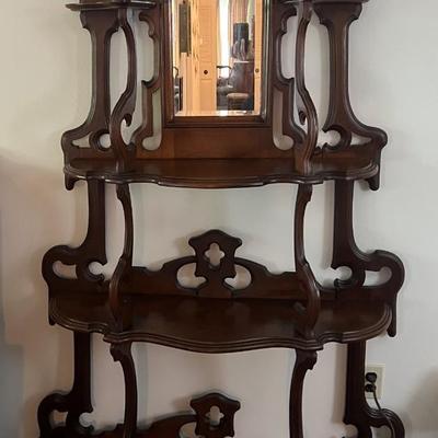 Antique Beveled Glass Mirror Wooden Wall Unit 74" Tall x 48" Base in VG Preowned Condition.