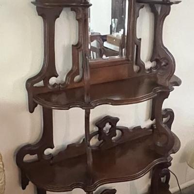 Antique Beveled Glass Mirror Wooden Wall Unit 74" Tall x 48" Base in VG Preowned Condition.