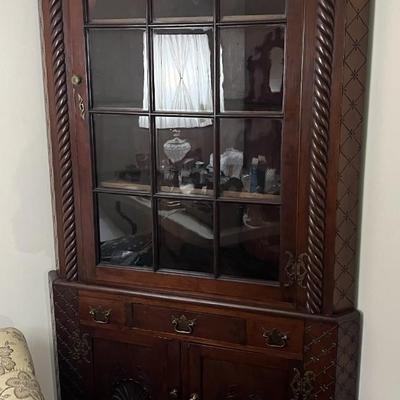Antique Corner Cabinet Curio Wall Unit 82" Tall x 42" Base in VG Preowned Condition.