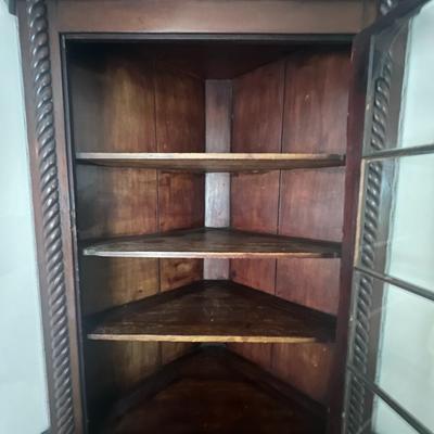Antique Corner Cabinet Curio Wall Unit 82" Tall x 42" Base in VG Preowned Condition.