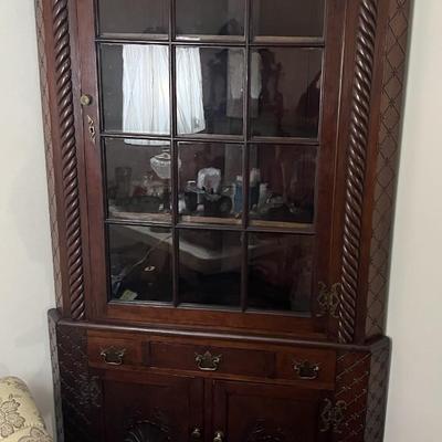Antique Corner Cabinet Curio Wall Unit 82" Tall x 42" Base in VG Preowned Condition.