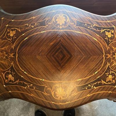 Antique Inlaid Design Lamp Table 36.5" Long x 23.5" Wide & 29" Tall in VG Preowned Condition as Pictured.