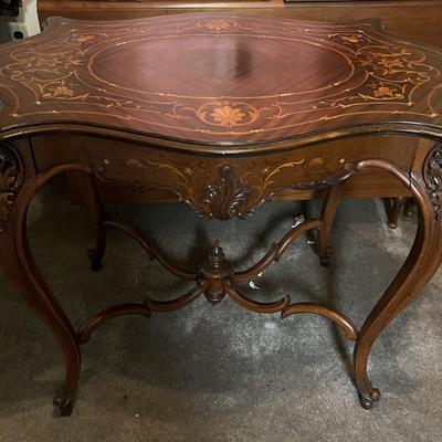 Antique Inlaid Design Lamp Table 36.5" Long x 23.5" Wide & 29" Tall in VG Preowned Condition as Pictured.