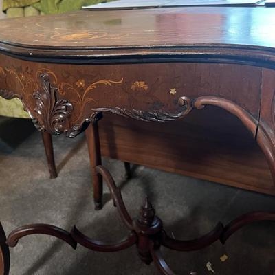Antique Inlaid Design Lamp Table 36.5" Long x 23.5" Wide & 29" Tall in VG Preowned Condition as Pictured.